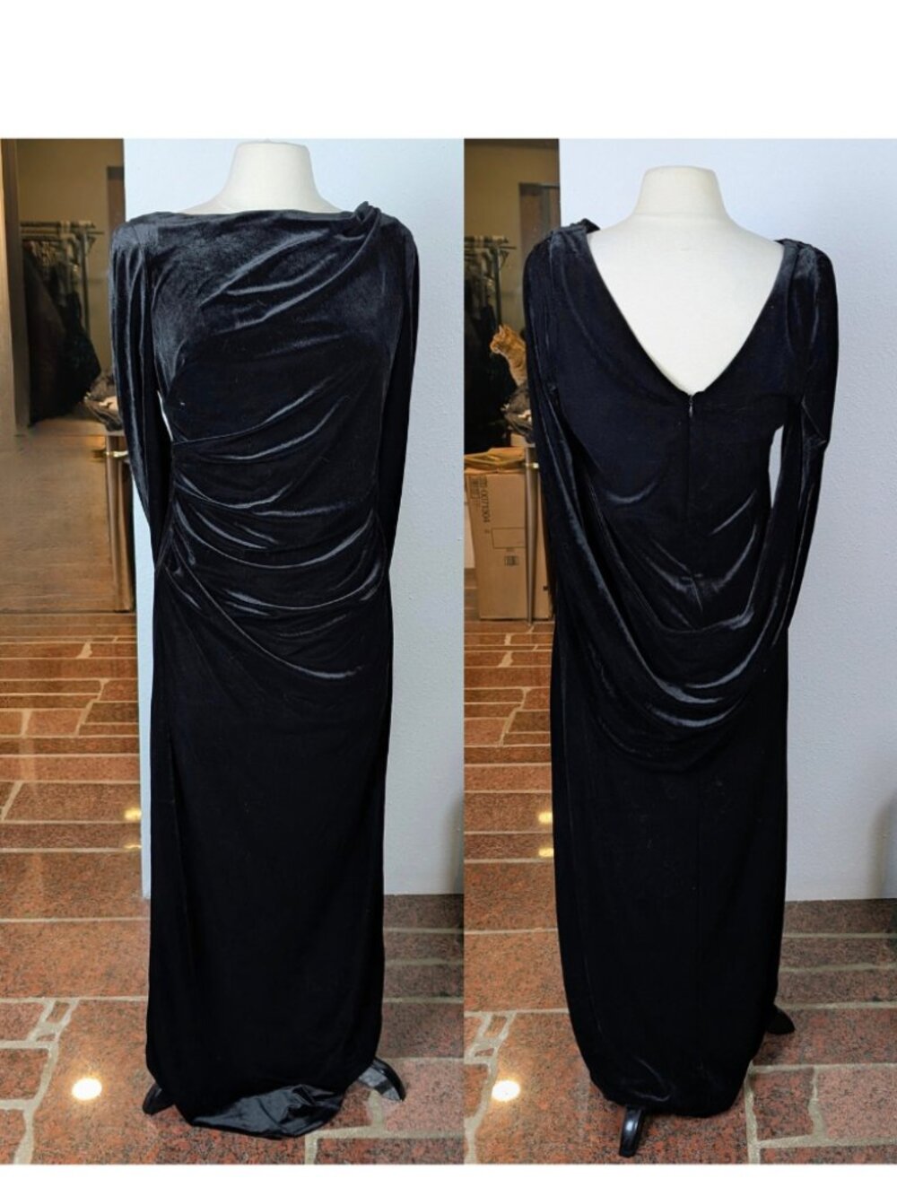Black Velvet Cape Back Evening Dress Cowl Neck Gown Floor Length 90s Size 12